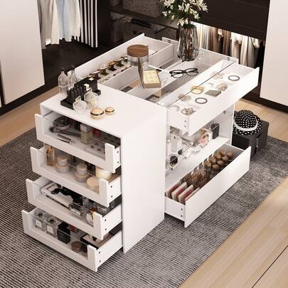 ECACAD Modern Closet Island,  White 8-Drawer Dresser With Glass Top And Open Shelves, Jewelry Display Cabinet Island For Dressing Room, Elegant Storage Cabinet For Bedroom Or Closet