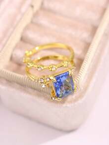 Bộ 2 nhẫn vàng kim cương giả màu xanh lam thời trang sang trọng cao cấp đa năng thanh lịch, thích hợp làm quà tặng cho bạn gái, nhẫn đính hôn cưới - Nhiều màu - Xem 2
