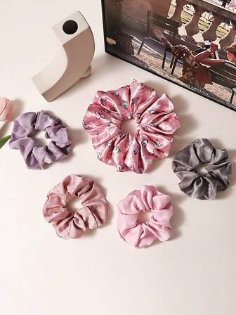 5 piezas de Scrunchies de pelo con estampado de lazo sólido y elegante, sujetadores de cola de caballo de alta elasticidad para mujeres, lazos de pelo, lazos de pelo Scrunchie