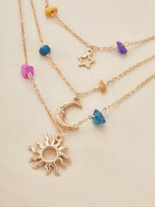 1PC Bohemian-Style Multi-Layer Gold-Tone Star-Moon Pendant Necklace Featuring Colored Stone Star-Moon Jewelry Women's Party And Gathering Jewelry