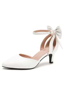MAIERNISI JESSI Women's Wedding Evening Party Bow Kitten Heels Pumps Ankle Strap Buckle Dress Shoes - 白色霧面 - 查看 11