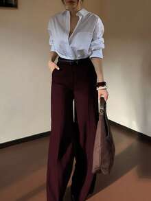 DONICY Damen Herbst- und Winterbekleidung Unterteil, einfarbige Hose mit hoher Taille, Taschen und geradem weitem Bein, modisch, retro, elegant, vielseitig, passend für Alltag, Büro, Dates, Ausstellungen