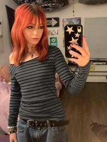 Off The Shoulder Tops For Women Striped Long Sleeve Shirts Going Out Top Y2k Fall Clothes - 灰色 - 查看 2
