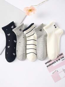 5 pares de calcetines de media caña para mujer con estampado floral y de lazo, aptos para todas las estaciones, colores aleatorios - Multicolor - Ver 3