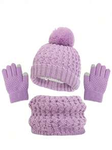 4 件套儿童针织绒球冬帽、围巾和手套套装，女童男童幼儿保暖针织连帽围脖套装 - 彩色 - 查看 11