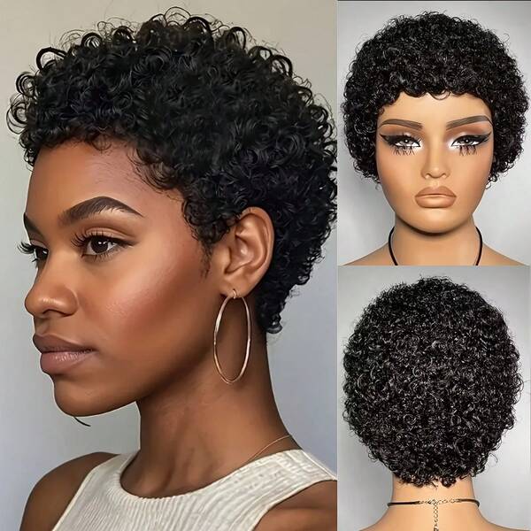 4inch 150% Density Natural Black Color Pixie Cut Short Afro Curly Human Hair Wig Machine Made Remy Hair Wig Daily Party Use Wig