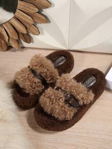 Pantofole aperte e soffici vintage per donna, con decorazione in metallo a fibbia, calde ciabatte di pelliccia per interno/esterno, adatte per autunno/inverno