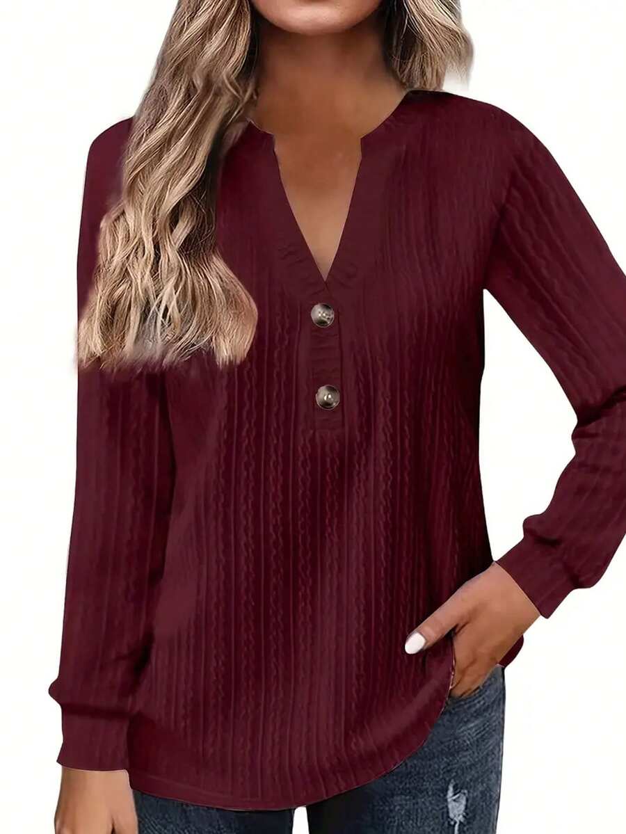 Plus Size Women V-Neck Button Casual Long Sleeve Pullover Top Spring - Wine Red - View 1
