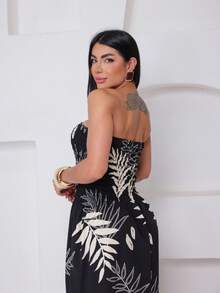Women's Long Lastex Strapless Dress With Leaf Print - 黑色 - 查看 5