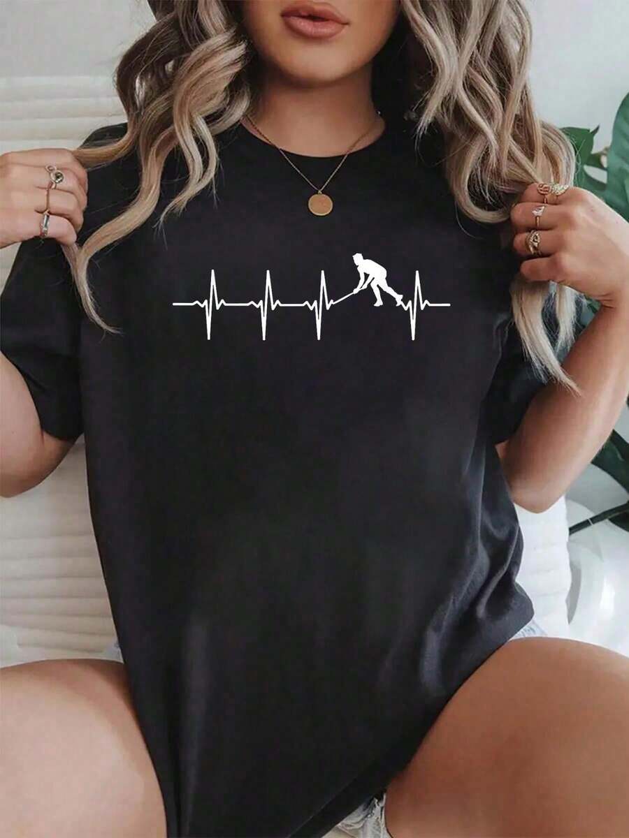 100% Cotton Hockey - Field Hockey Heartbeat T-Shirt For Hockey Players T-Shirt Graphic Shirt Women - 黑色 - 查看 1
