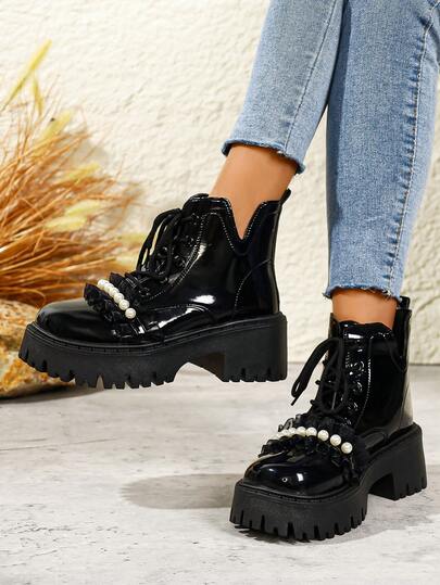 بوت كاحل وأحذية قصيرة للنساء ذات أصابع مستديرة وأربطة، بنعل سميك باللون الأسود، مناسبة للخريف/الشتاء، مقاسات كبيرة