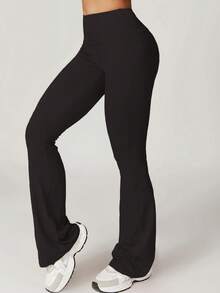 Women's Solid Color Butt Lifting Tight Pants, High Waist Fitness Leggings, Flared Sports Leggings - Black - View 5