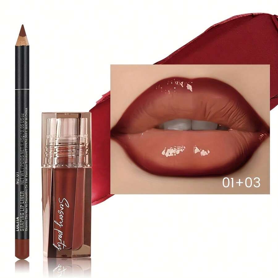 Pudaier Set Lip Gloss dan Lip Liner Pelembap (Merah 01+03) - Kontur Bibir Presisi 3D, Menciptakan Efek Makeup yang Melembapkan, Cocok untuk Segala Acara, Serbaguna untuk Semua Tampilan Makeup! - 01+03 - View 1