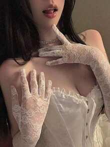 1 Pair Bride Lace Gloves, Sexy Long Thin White Arm Sleeve, Sexy Lolita Photo Shoot Prop Accessory Autumn Accessories - 白色 - 查看 6