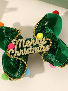 1pc Christmas Day Style Hair Bow Clips For Girls,Green Color Sparking Glitter Design Letter Decor Headdress,Bowknot Hair Clips Duck Clips Hair Accessories