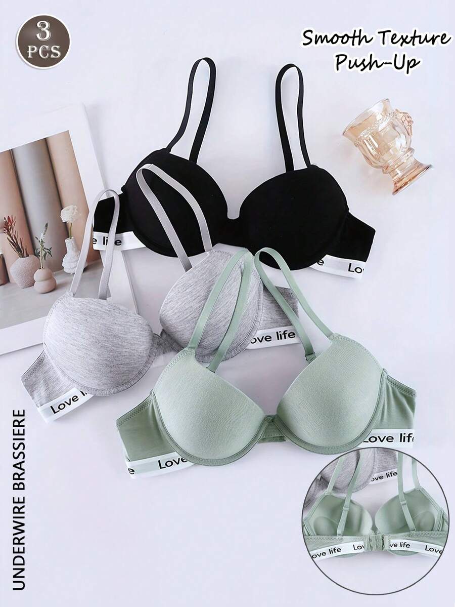 3 piezas Sujetador con relleno ligero con estampado de letras, Sujetador con aros para mujer - Multicolor - Ver 1
