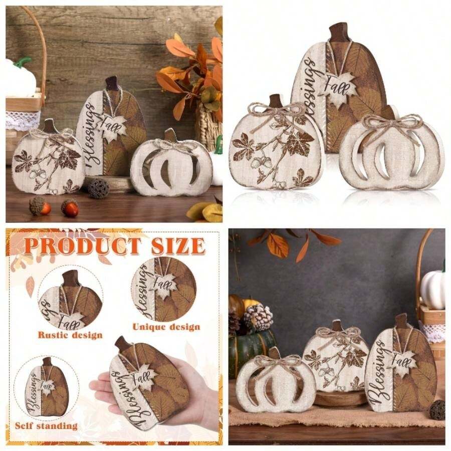 3 Pcs Fall Pumpkin Table Decor Rustic Pumpkin Block Wooden Signs Thanksgiving Wood Tiered Tray Decor Farmhouse Table Centerpiece Autumn Thanksgiving Home Office Decorations
