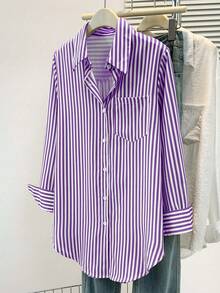 女士休闲基础款条纹尖领长袖衬衫，带纽扣口袋，适合日常办公穿着，秋冬春季皆宜 - 紫色 - 查看 5