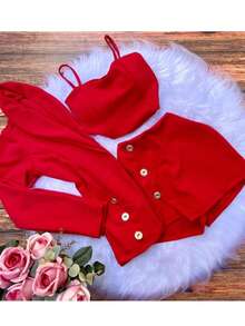 Women's 3-Piece Social Set Blazer + Cropped Top + Short Skirt With Trijunto Details - 紅色 - 查看 4