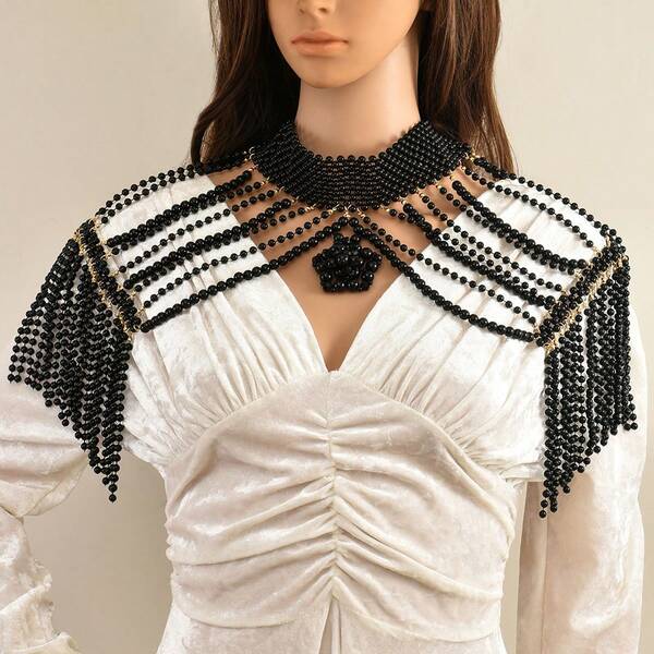 1pc Vintage Palace Style Handmade Beaded Multi-Layer Simple Solid Color Design Moroccan Bridal Wedding Dress Maxi Necklace Accessory