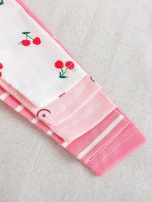 10pcs/Set Casual Cute Cherry & Floral Striped Printed Long Sleeve Top And Printed Pants Set, Autumn/Winter - Multicolor - View 5