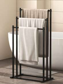 1pc Three-Tier Black Metal Towel Rack, Free-Standing Ladder Design, Can Hold Blankets, Towels, Etc., Space-Saving Bathroom Storage Rack, With Sturdy Steel Structure, Easy To Assemble, Compact And Saves Floor Space, Bathroom Towel Rack