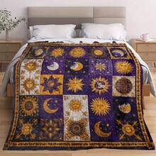 1 Piece Purple Sun Moon Stars Flannel Blanket - Soft And Lightweight Celestial Pattern Shawl, Gold And Navy Blue Vintage Design, All-Season Comfortable Sofa Bed Blanket, Durable 2D Printed Fabric Home Decor - Ideal Gift For Textile Enthusiasts (Deep Purple And Gold) - Nhiều màu - Xem 7