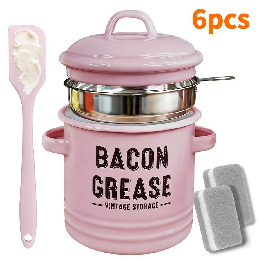 An Oil Can With Lid And Strainer, Enamel Grease Container, Vintage Large Capacity Oil Storage Can, Country Kitchen Decoration, Home Decoration Cooking Oil Can, Suitable Gift For Family And Friends - 粉色-帶濾網套裝 - 查看 1