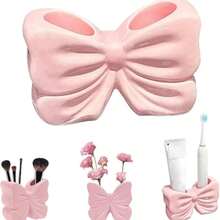 Pink Bow Ceramic Holder - Butterfly Toothbrush Holder, Makeup Brush Organizer And Decorative Storage - Pink Bow Bathroom Decor And Vanity, Desk Or Girls Room Accessories - 淺粉色 - 查看 3