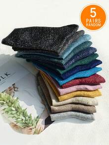 5 pares de calcetines de mujer para otoño/invierno, tonos de color oscuro, calcetines de media caña con hilo plateado sexy, estilo europeo y americano