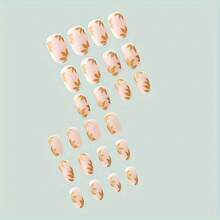 24pcs Short Oval Golden Leaf Design Decorative Nails With Jelly Glue 1 Nail File 1 09SE - 1 盒 - 查看 4