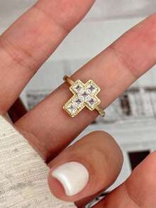 1pc Minimalist Gold Cross Open Ring For Women, Copper Inlaid With Zirconia, Personalized Religious Jewelry, Suitable For Daily Wear/Religious Believers