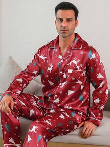 Christmas Themed Printed Men's Two Pieces Sets Satin Lapel Long Sleeved Top And Pants Pajama Set Suitable For All Seasons, Fall Clothes