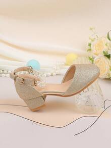 花童鞋适合婚礼、派对、节日，适合所有年龄段的女孩，儿童鞋，经典舒适百搭，金色简约珍珠闪亮高跟鞋，正式礼服、表演、芭蕾、玛丽珍、公主鞋 - 金色 - 查看 7