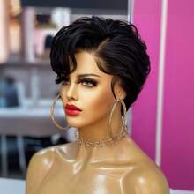 Pixie Cut Human Hair Wig For Women T Part Lace Frontal Black Color Glueless 13*4*1 Side Part Wig With Bangs Brazilian Virgin Straight Hair Style, 13x4x1 Lace Area, 1B Short Wig For Daily Wear, Love Gift,Christmas, Put On And Go Wigs