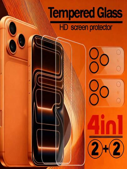 2片钢化玻璃屏幕保护膜 + 2片摄像头镜头保护膜 - 兼容 17 Pro Max / 17 / 17 Pro / 17 Air，兼容 16 Pro Max / 16 / 16 Pro / 16 / 16 Plus / 15 Pro Max / 15 / 15 Pro / 15 Plus / 14 / 13 / 12 / 11，高清透明，防刮花，防指纹，表面光滑，经久耐用，易于安装。