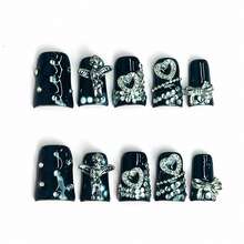NailLuxe 10 PCS Handmade Duckbill Press - On Nails | AngelHeartSparkle With Acrylic Angel Accents, Heart Details & Crystal Embellishments - 黑色 - 查看 9