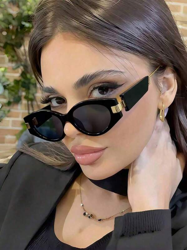 1 Pair Women's Champagne Oval Frameless Metal Leg Edgy Small Frame Fashion Eyeglasses, Suitable For Everyday Wear