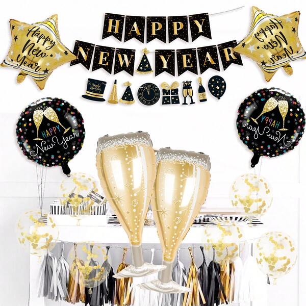12pcs New Year Happy Balloon Set, Includes 3-Layer Happy New Year Banner, Gold Confetti Latex Balloons, Pentagram And Round Balloons, Suitable For New Year Party Decoration, Birthday Party, 2026 New Year Happy Party Decor, New Year Atmosphere Photography Props, Bar Decoration