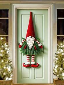 1 Decoración navideña de enano festivo para puerta, corona de puerta de poliéster con base a rayas rojas, sin necesidad de electricidad, decoración de pared festiva