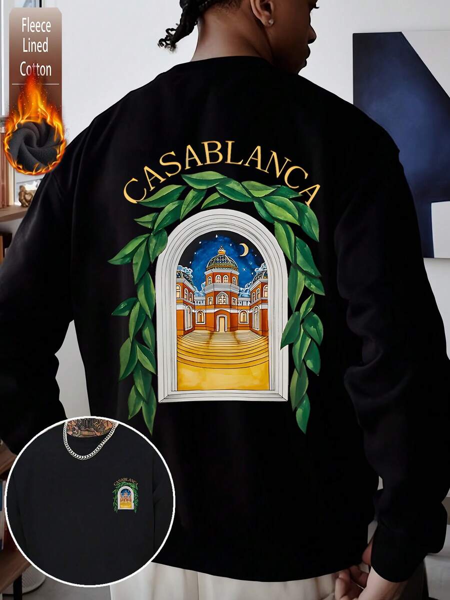 Sudadera de hombro caído blanca para hombre, sudadera holgada de cuello redondo de 100% algodón con estampado de arquitectura vintage para primavera y otoño - Negro - Ver 1