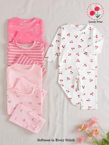 10pcs/Set Casual Cute Cherry & Floral Striped Printed Long Sleeve Top And Printed Pants Set, Autumn/Winter - Multicolor - View 2