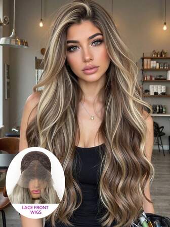 Peluca sintética de 26 pulgadas de largo con rizos pequeños a medianos de color dorado marrón, estilo de peinado multinivel, con apariencia natural, peluca con encaje frontal 13*4 tejida a mano con fibra química, para uso diario, importada de seda, para fiestas, bodas, festivales de música, Halloween, regalo