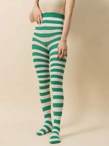 1pc Striped Tights, European & American Popular Christmas Striped Pantyhose, Skinny Mismatched (Fits Up To 130lbs), Cozy - Multicolor - View 23