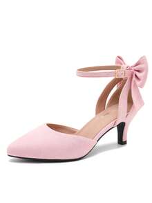 MAIERNISI JESSI Women's Wedding Evening Party Bow Kitten Heels Pumps Ankle Strap Buckle Dress Shoes - 粉色 - 查看 2