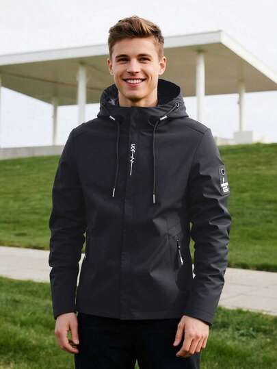 Men's Hooded Zip-Up Jacket - Outdoor Jacket, Casual Street Style Outerwear With Zippered Front Pockets, Suitable For Spring And Autumn, Sports, Travel