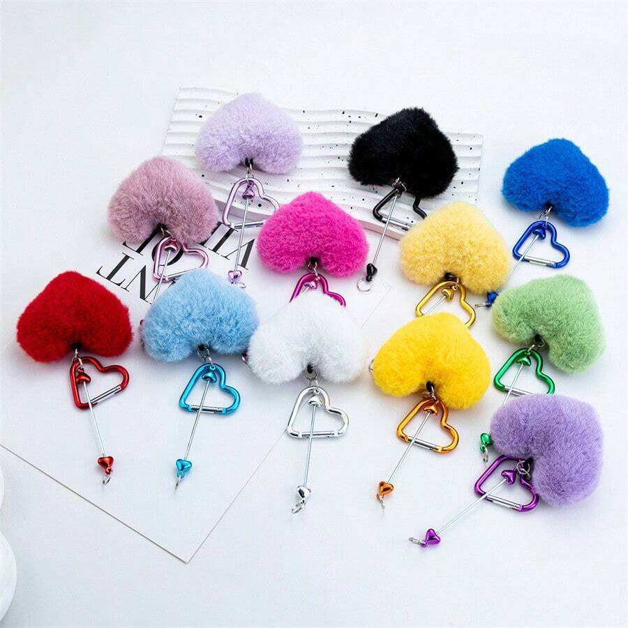 1pc DIY Beaded Accessory, Heart-Shaped Carabiner, Backpack Plush Pendant, Bag Charm, Carabiner, Heart Lock Clip, Pom Pom Carabiner, Birthday Gift, Christmas Gift, Christmas Stocking Stuffer - Multicolor - View 1