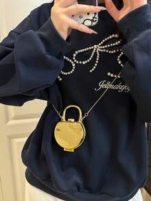 Fashionable Mini Lipstick Shaped Handbag Shoulder Bag, Metal Color Small Round Bag With Chain, Earphone Pouch, Solid Color Personalized Stylish Girl Accessory Necklace Bag - Gold - View 4