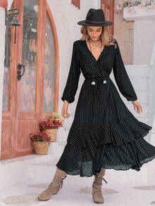 Rusttydustty Women's Striped Overlap V-Neck Lantern Sleeve Split Hem Fashion Dress - Black - View 6