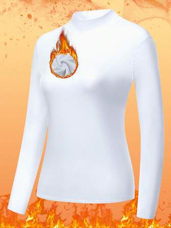 1 Pc - Women's Turtleneck White Thermal Top | Thermal Lined, Warm & Cozy | Slim-Fit Base Layer For Autumn/Winter Home Lounging & Outdoor Layering
